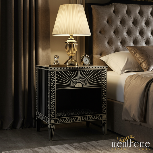 Elegant Black and White Inlay Nightstand | Luxury Handmade Bedside Table