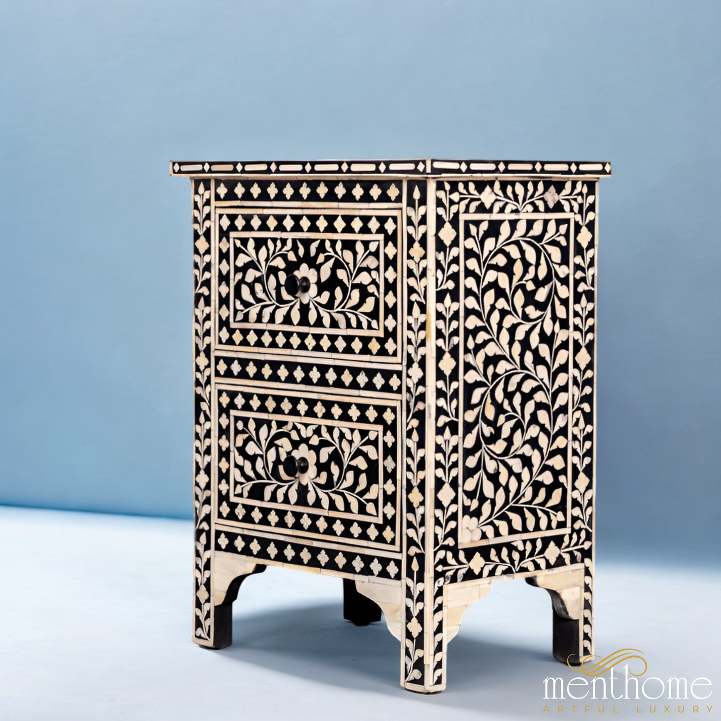 Black Bedside table Bone Inlay 2 Drawer | Luxury Handmade Bedside Table