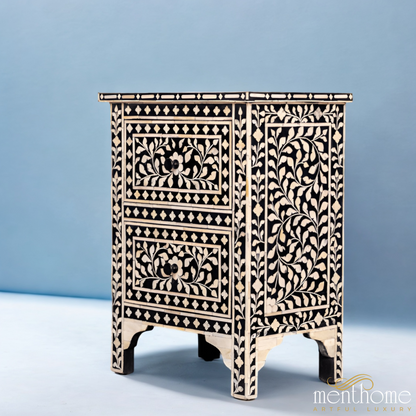 Black Bedside table Bone Inlay 2 Drawer | Luxury Handmade Bedside Table