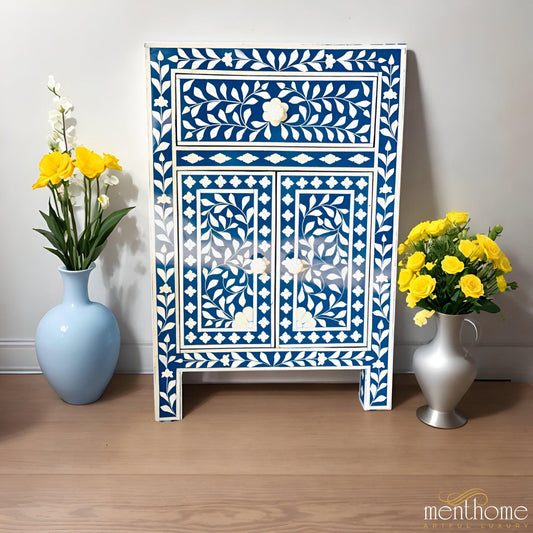 Blue Resin Floral Pattern Bedside Table with 1 Drawer and Door | Luxury Handmade Bedside Table