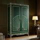 Elegant Green Wooden Cabinet with Intricate White Inlay Design | Luxury Handmade Wardrobe