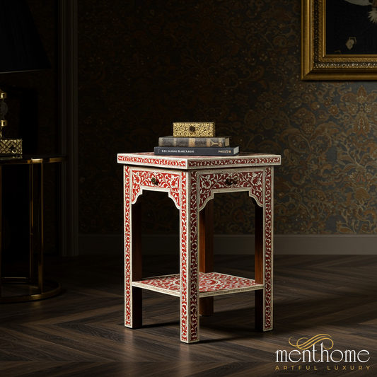 Handcrafted Red and White Inlay Side Table | Luxury Handmade Bedside Table