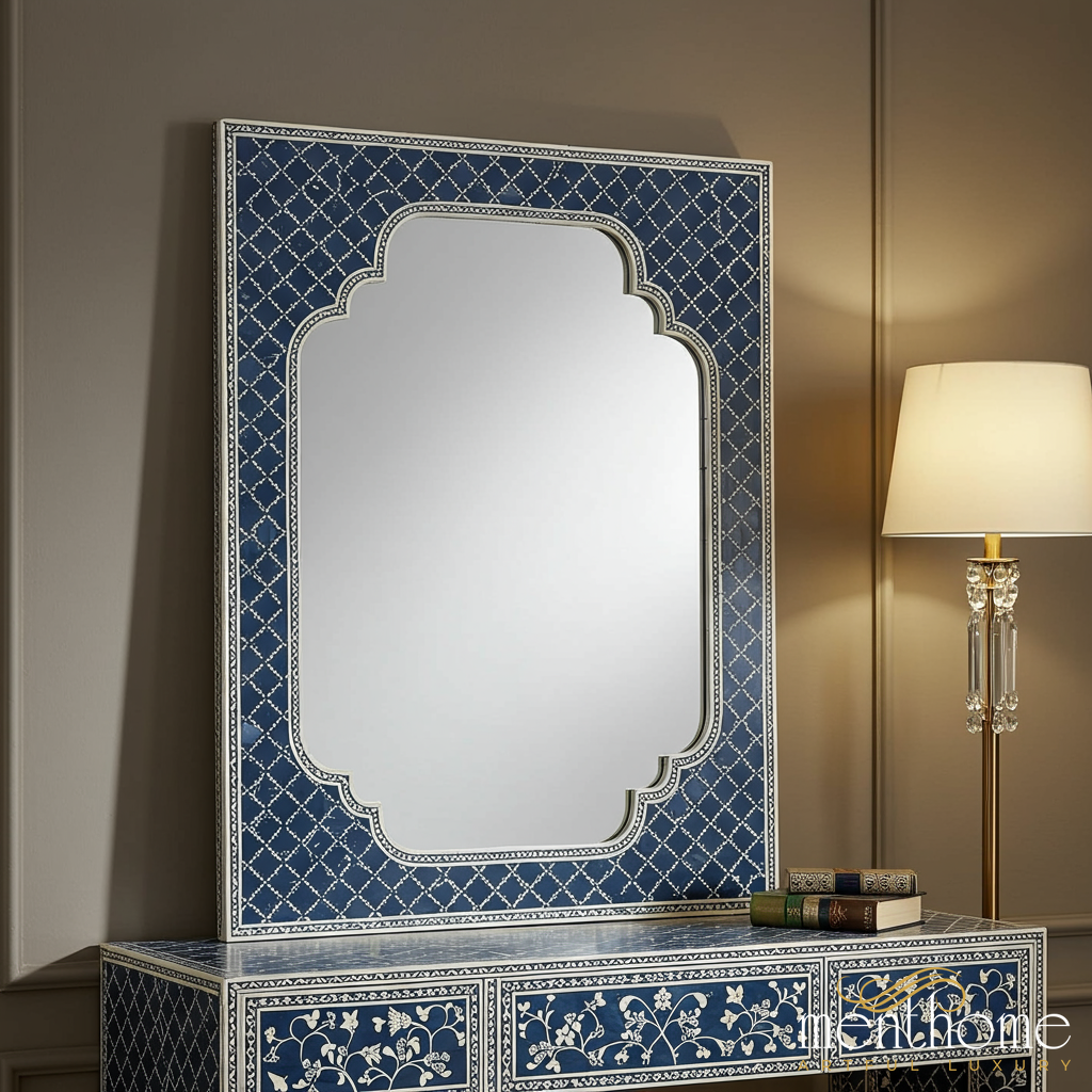 Decorative Blue and White Floral Patterned Mirror | Luxury Handmade Mirror