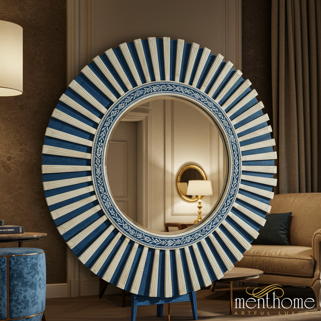 Elegant Blue and White Decorative Round Wall Mirror | Luxury Handmade Mirror