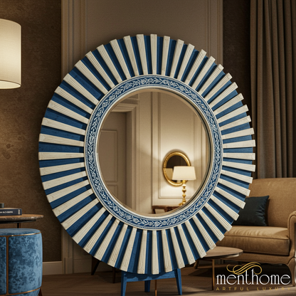 Elegant Blue and White Decorative Round Wall Mirror | Luxury Handmade Mirror