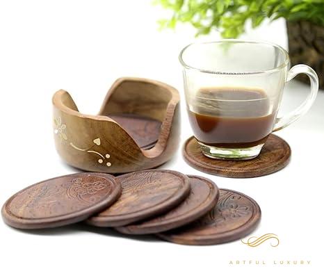 Wooden Round Drink Coasters Set of 6 with Decorative Holder | Luxury Handmade Decor