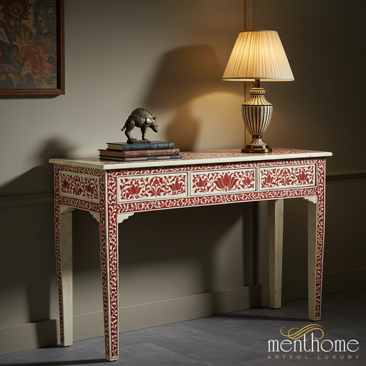 Handcrafted Bone Inlay Console Table with Floral Design | Luxury Handmade Console