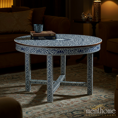 Handcrafted Blue and White Floral Mosaic Round Coffee Table | Luxury Handmade Coffee Table