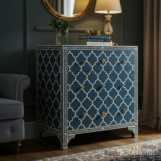 Handcrafted Moroccan Style Blue Bone Inlay Chest of Drawers | Luxury Handmade Dresser