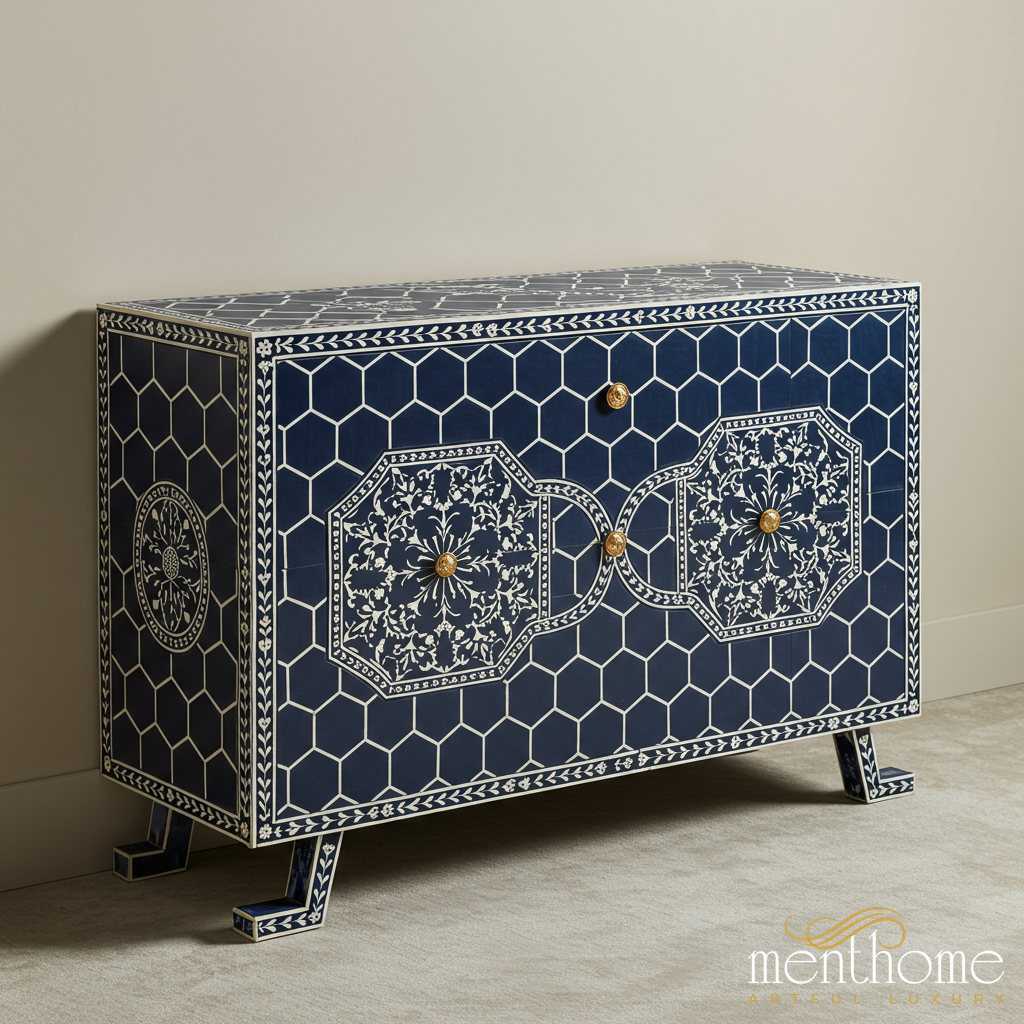 Navy Blue Bone Inlay Storage Cabinet | Luxury Handmade Console