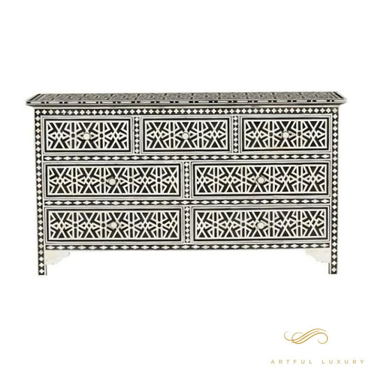Handmade Bone inlay 7 Drawer dresser Black and White | Luxury Handmade Dresser