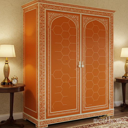 Handcrafted Wooden Wardrobe with Intricate Orange and White Inlay Design | Luxury Handmade Wardrobe