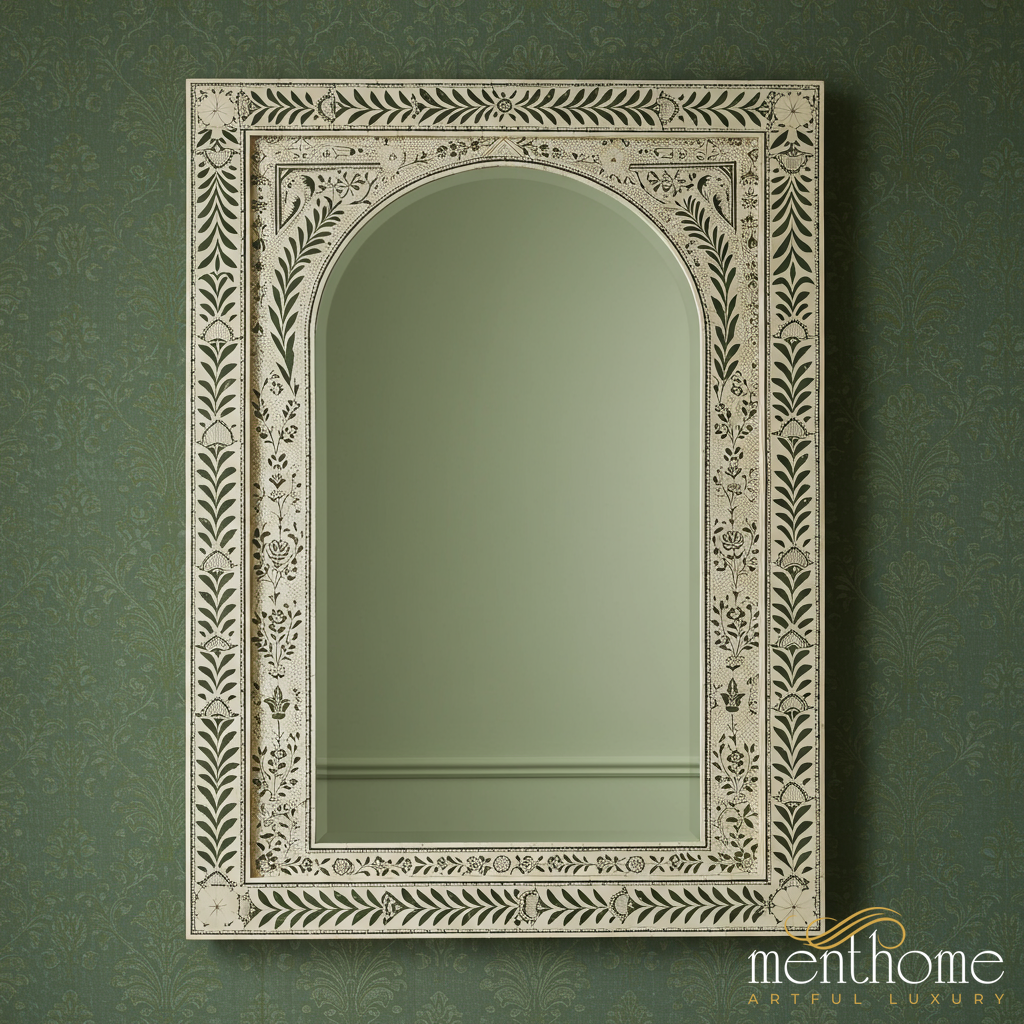 Decorative Arched Wall Mirror with Botanical Inlay | Luxury Handmade Mirror