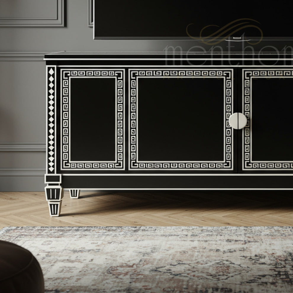 Elegant Black Inlay TV Cabinet with Greek Key Design | Luxury Handmade ...