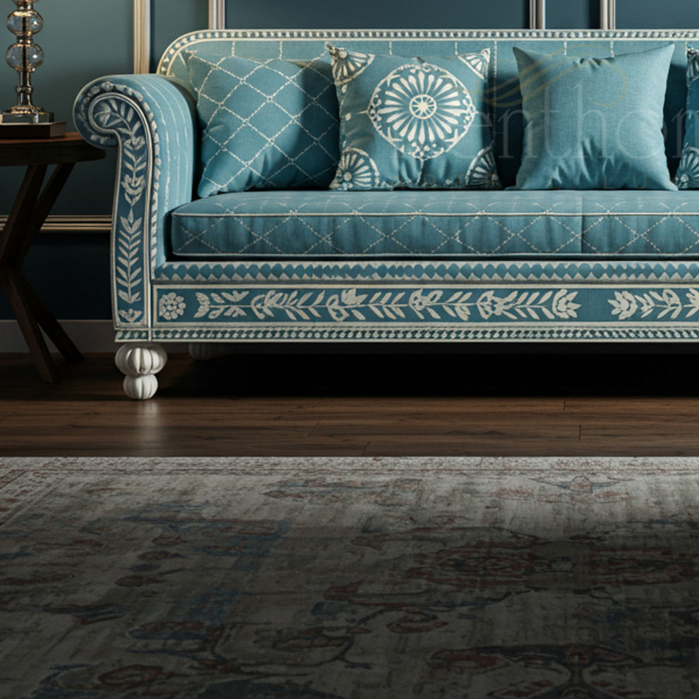 Elegant Blue Inlay Sofa with Ornate Patterns | Luxury Handmade Sofa ...