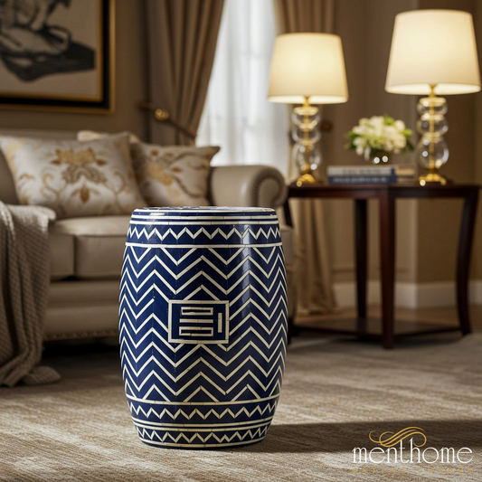 Blue and White Ceramic Garden Stool | Luxury Handmade Stool