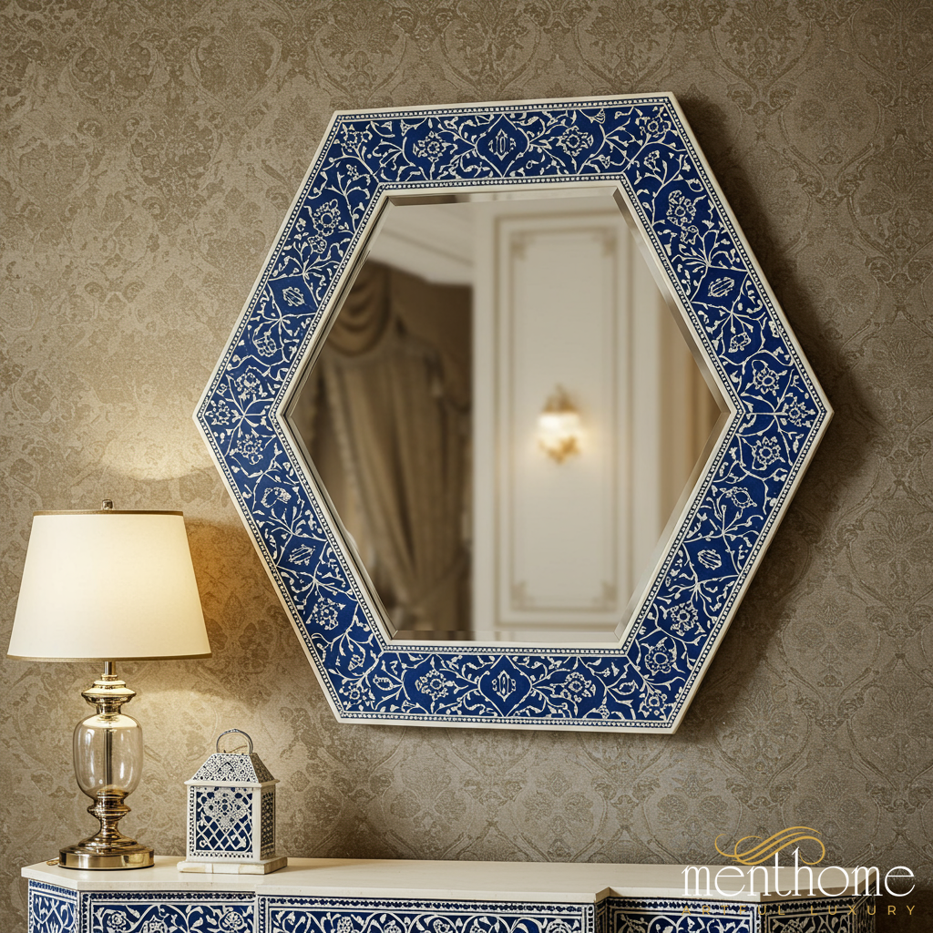 Elegant Octagonal Blue and White Porcelain Mirror | Luxury Handmade Mirror