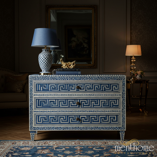 Handcrafted Blue and White Inlay Chest of Drawers | Luxury Handmade Dresser