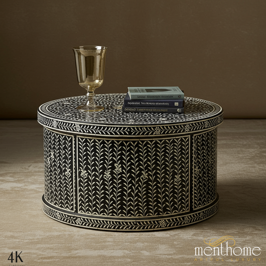 Handcrafted Black and White Floral Patterned Round Table | Luxury Handmade Coffee Table
