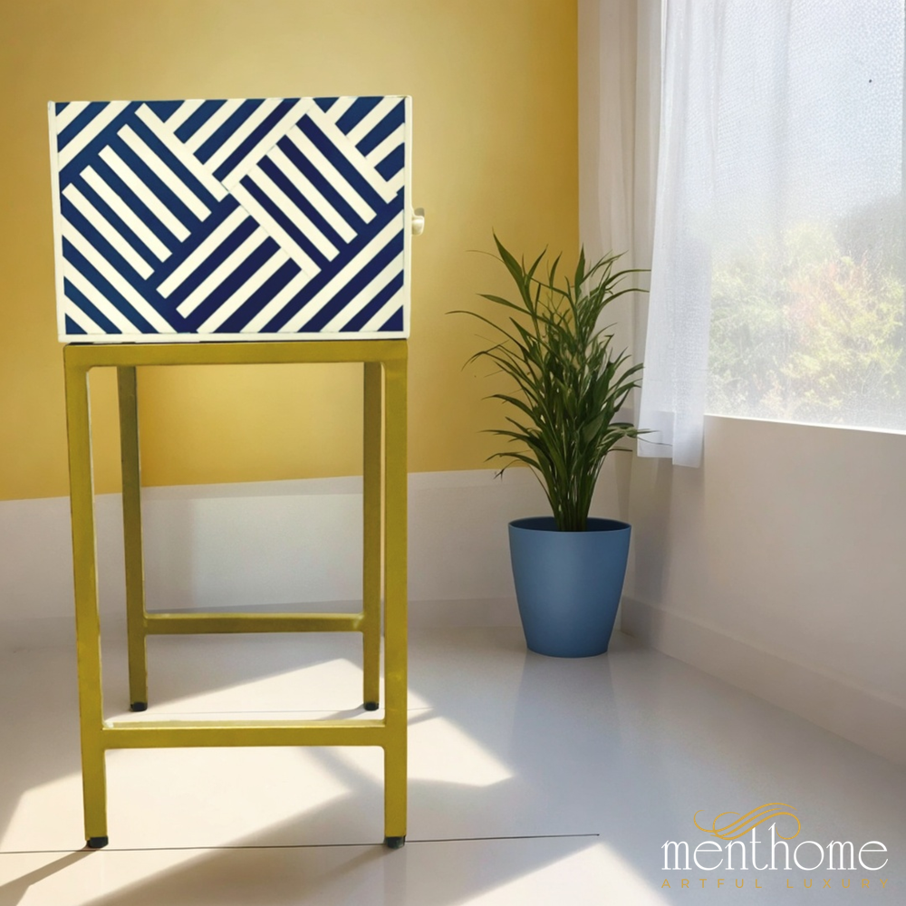 Optical Design Resin Navy Blue Bedside Table with Brass Stand | Luxury Handmade Bedside Table