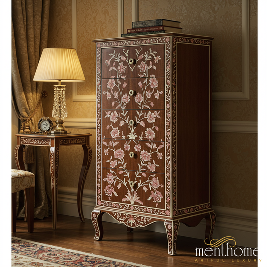 Vintage Floral Inlaid Wooden Cabinet | Luxury Handmade Tallboy