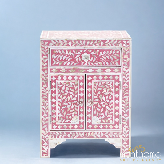 Pink Bone Inlay Bedside Table Handcrafted floral design | Luxury Handmade Bedside Table