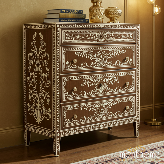Handcrafted Wooden Chest of Drawers with Intricate Inlay Design | Luxury Handmade Tallboy