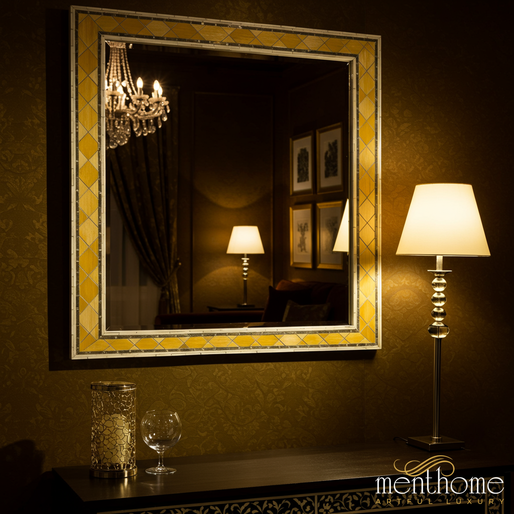 Elegant Decorative Wall Mirror with Yellow Mosaic Frame | Luxury Handmade Mirror