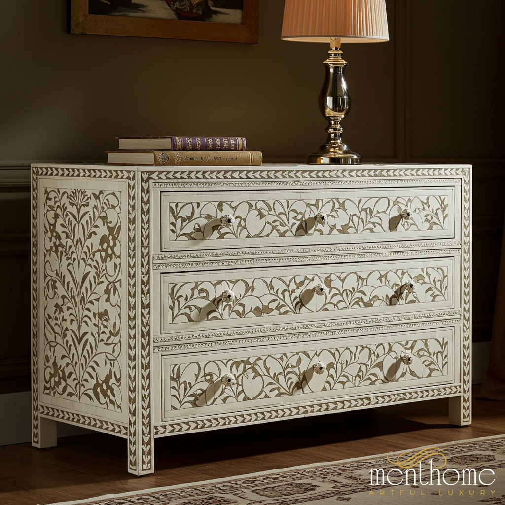 Handcrafted Bone Inlay Floral Pattern Chest of Drawers | Luxury Handmade Chest of Drawer