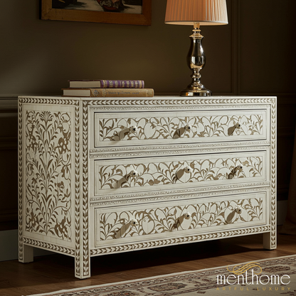 Handcrafted Bone Inlay Floral Pattern Chest of Drawers | Luxury Handmade Chest of Drawer