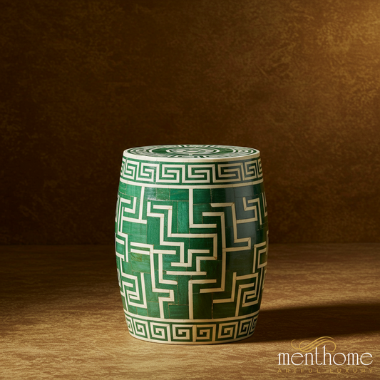 Green inlay Garden Stool with Greek Key Pattern | Luxury Handmade Stool