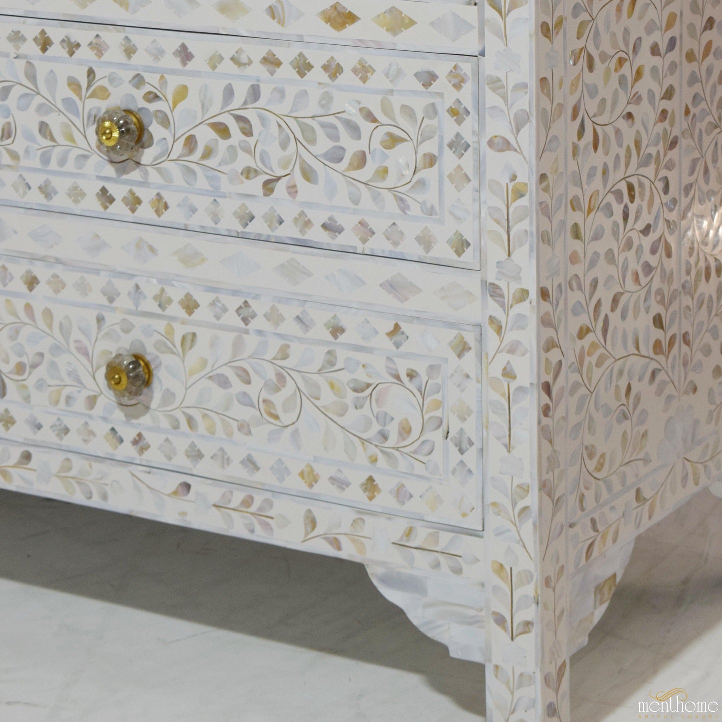 7-drawer Motehr of Pearl Floral Pattern White Dresser | Luxury Handmade Dresser
