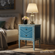 Elegant Blue Wooden Bedside Table with Floral Inlay | Luxury Handmade Bedside Table