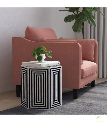 Striped Hexagonal Bone Inlay Black Side table | Luxury Handmade Side Table