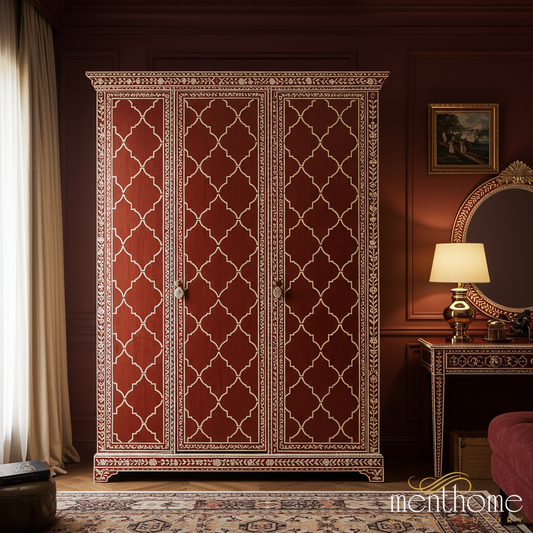 Elegant Red and Gold Three-Door Wardrobe | Luxury Handmade Wardrobe