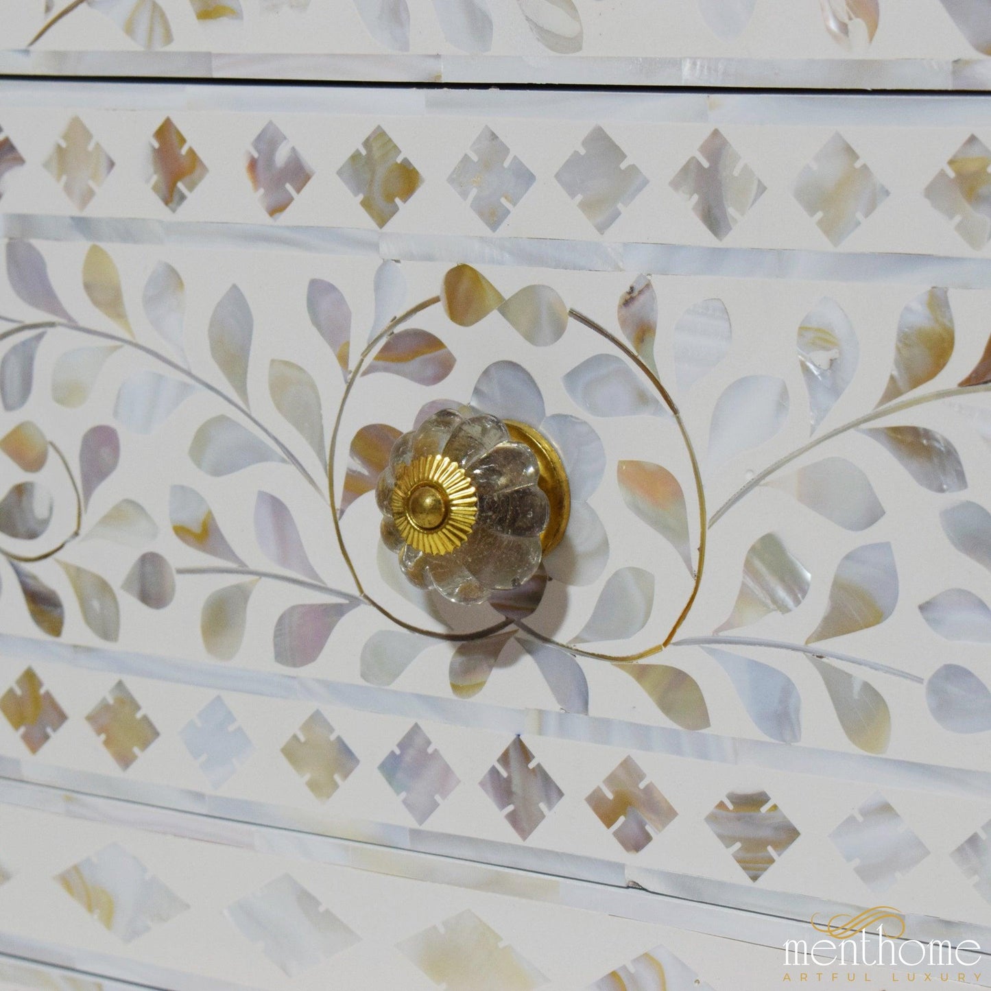 7-drawer Motehr of Pearl Floral Pattern White Dresser | Luxury Handmade Dresser