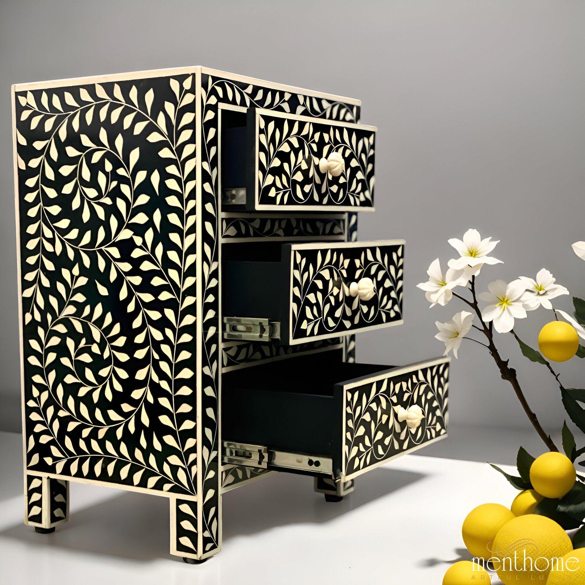 Leaf Design Black and White 3 Drawer Resin Bedside Table | Luxury Handmade Bedside Table