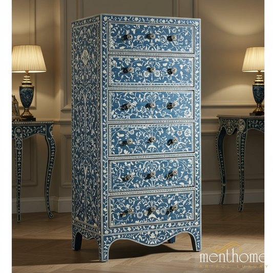 Blue Floral Bone Inlay Dresser Chest | Luxury Handmade Tallboy