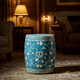 Blue Floral Patterned Accent Stool | Luxury Handmade Stool