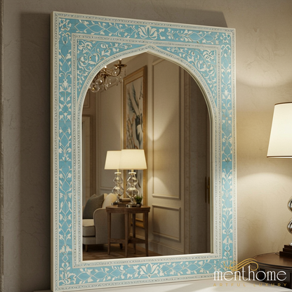 Elegant Blue Floral Patterned Arch Frame Mirror | Luxury Handmade Mirror