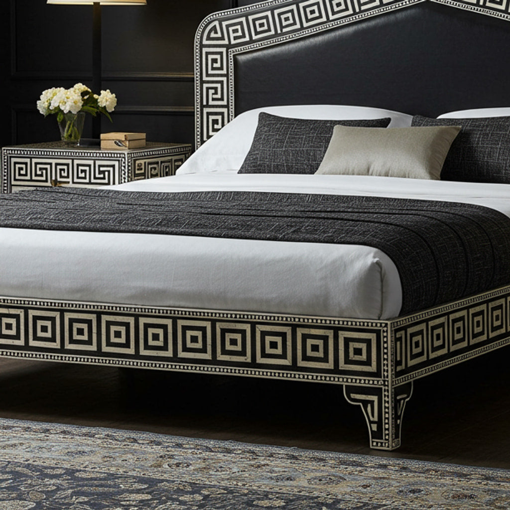Keyin Bed Greek Key Pattern Luxury King Bed with Matching Nightstands – Menthome ...