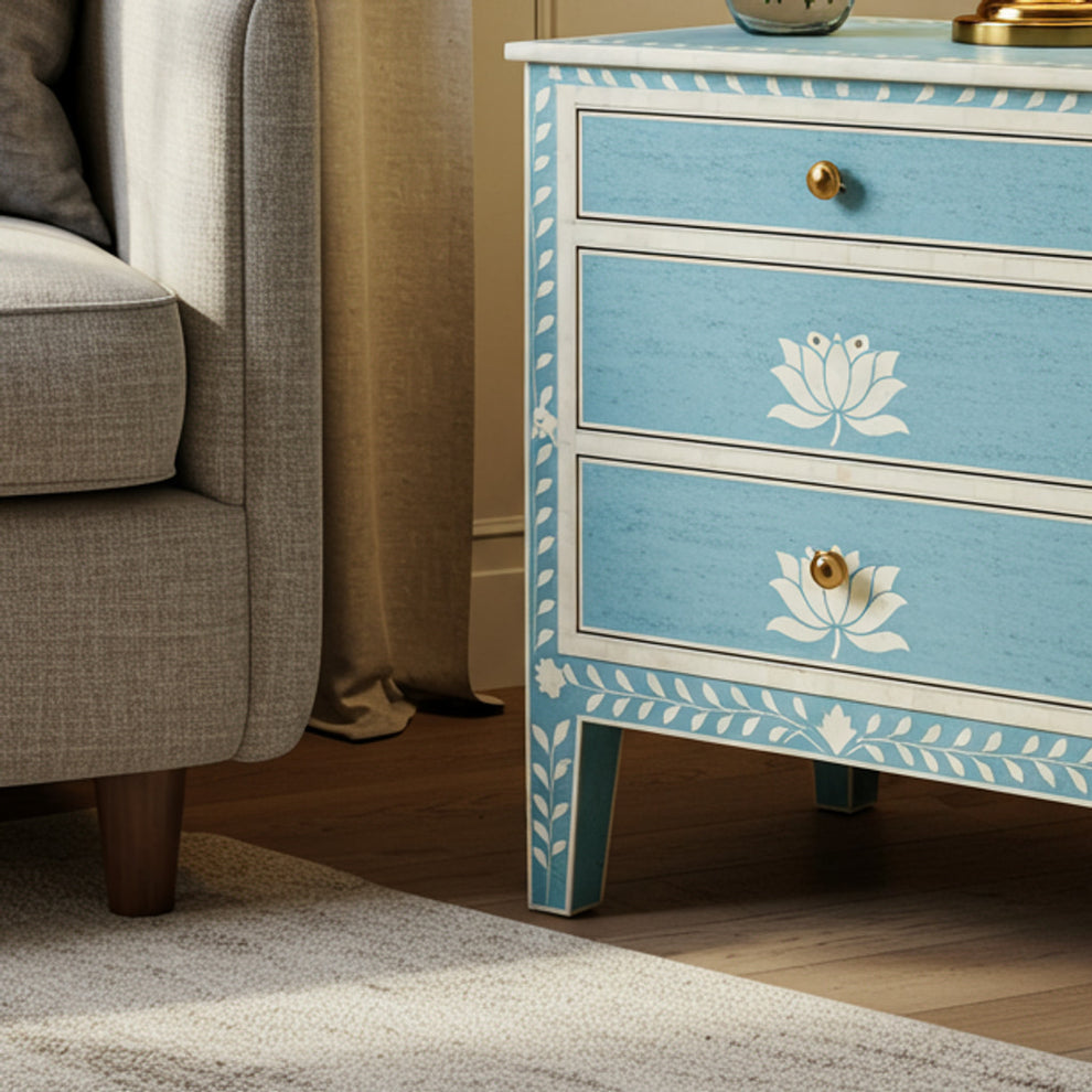 Hand-Painted Blue Bedside Table with Floral Design | Luxury Handmade B ...