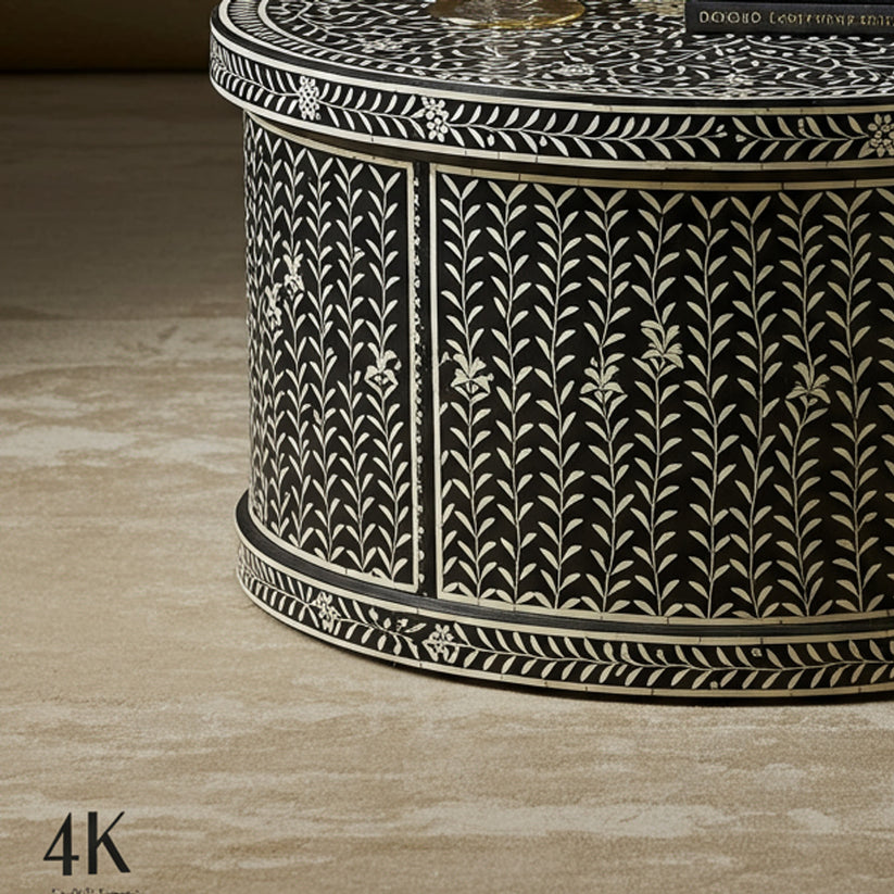 Handcrafted Black and White Floral Patterned Round Table | Luxury Hand ...