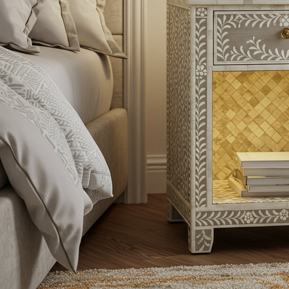 Handcrafted Decorative Bedside Table with Floral Inlay | Luxury Handma ...