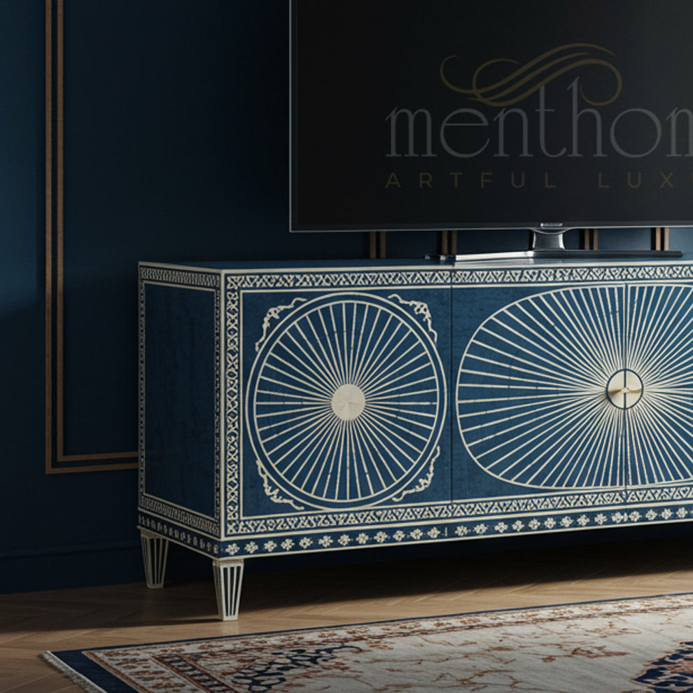 Inlay Luxury TV Cabinet with Artistic Sunburst Pattern | Luxury Handma ...