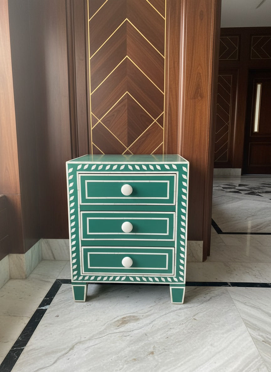 Green Bone Inlay Three-Drawer Bedside Table with Elegant Leaf Border Design