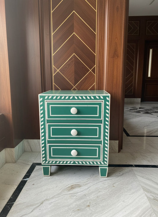 Green Bone Inlay Three-Drawer Bedside Table with Elegant Leaf Border Design