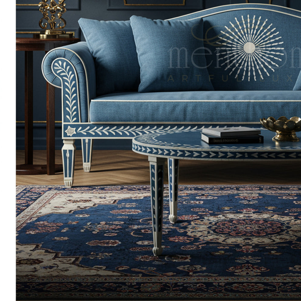 Luxurious Blue Inlay Sofa with Coordinated Coffee Table | Luxury Handm ...