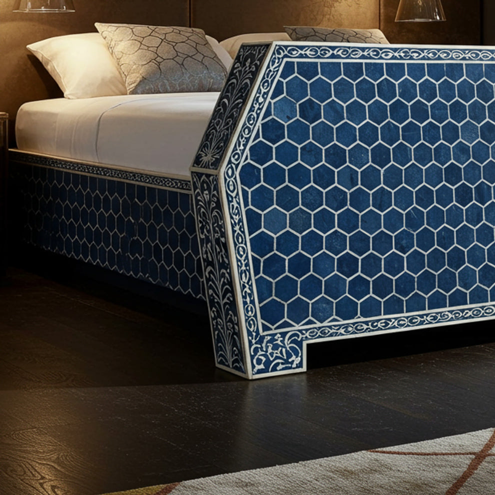 Luxury Blue Hexagonal Patterned Upholstered Bed Frame – Menthome India