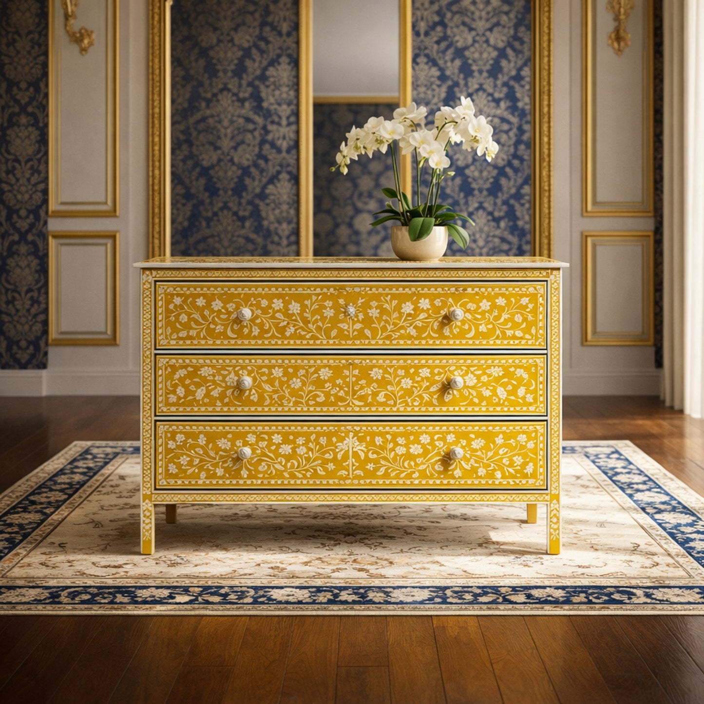 Handmade Floral Patterned multi-storage Yello Dresser | Luxury Handmade Dresser